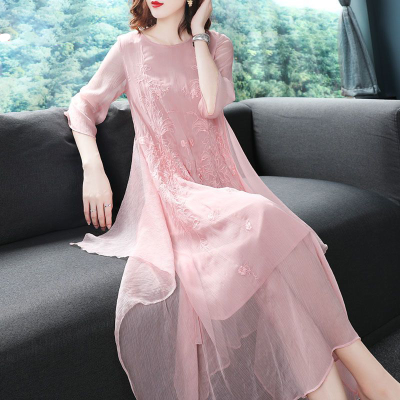Summer Gauze Clothing - Elegantes O-Ausschnitt Kleid mit Gaze-Einsätzen und