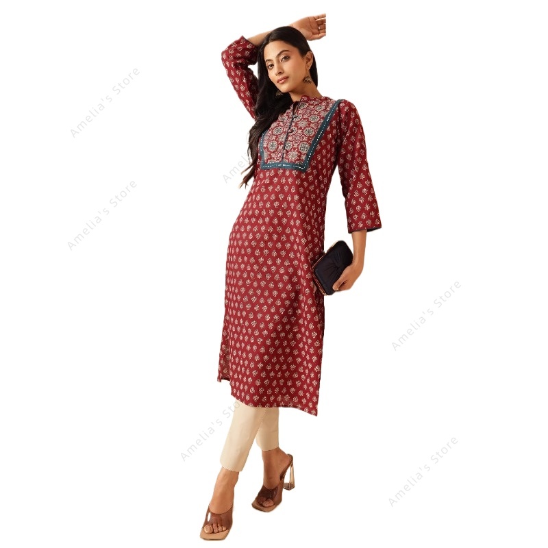 Summer Clothing Pakistan - Frühling Sommer Damen Ethnische Kastanienbraune Blumenprint-Kurta