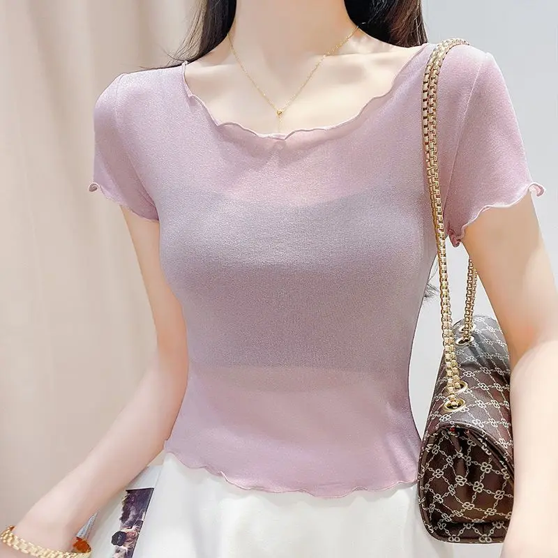 Summer Clothing Reviews - Kurzärmliges Damen-T-Shirt mit Spitze, koreanischer Stil,