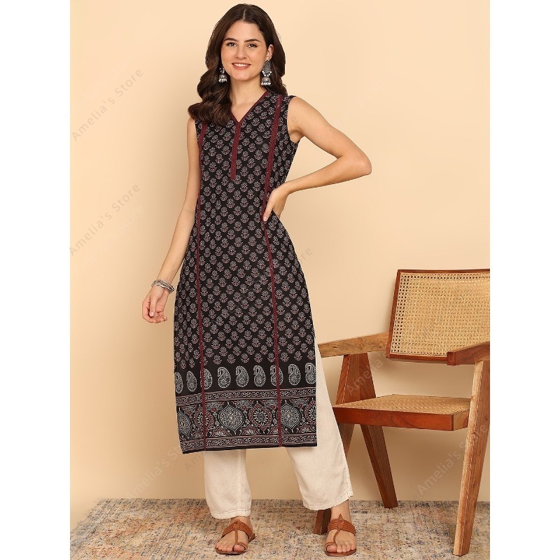 Summer Clothing Pakistan - Indischer Ethno-Stil Damen Schwarzes Grünes Baumwoll-Kurta-Tunika-Oberteil
