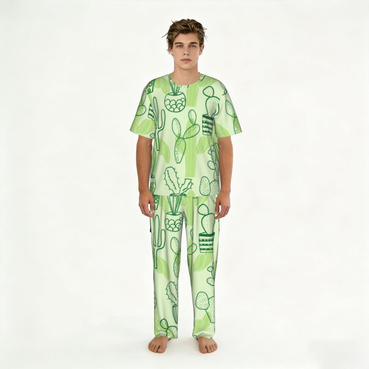 Summer Clothing Patterns - Herren-Pyjama-Set, kurzärmelig, lange Hose, Kaktus-Muster, Nachtwäsche,