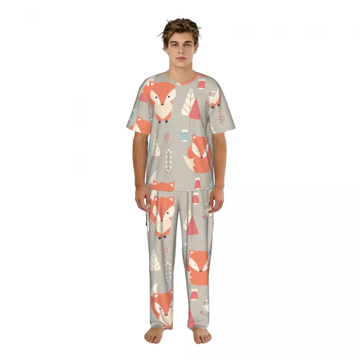 Summer Clothing Patterns - Herren-Pyjama-Set, kurzärmelig, lange Hose, Fuchsmuster, Nachtwäsche,